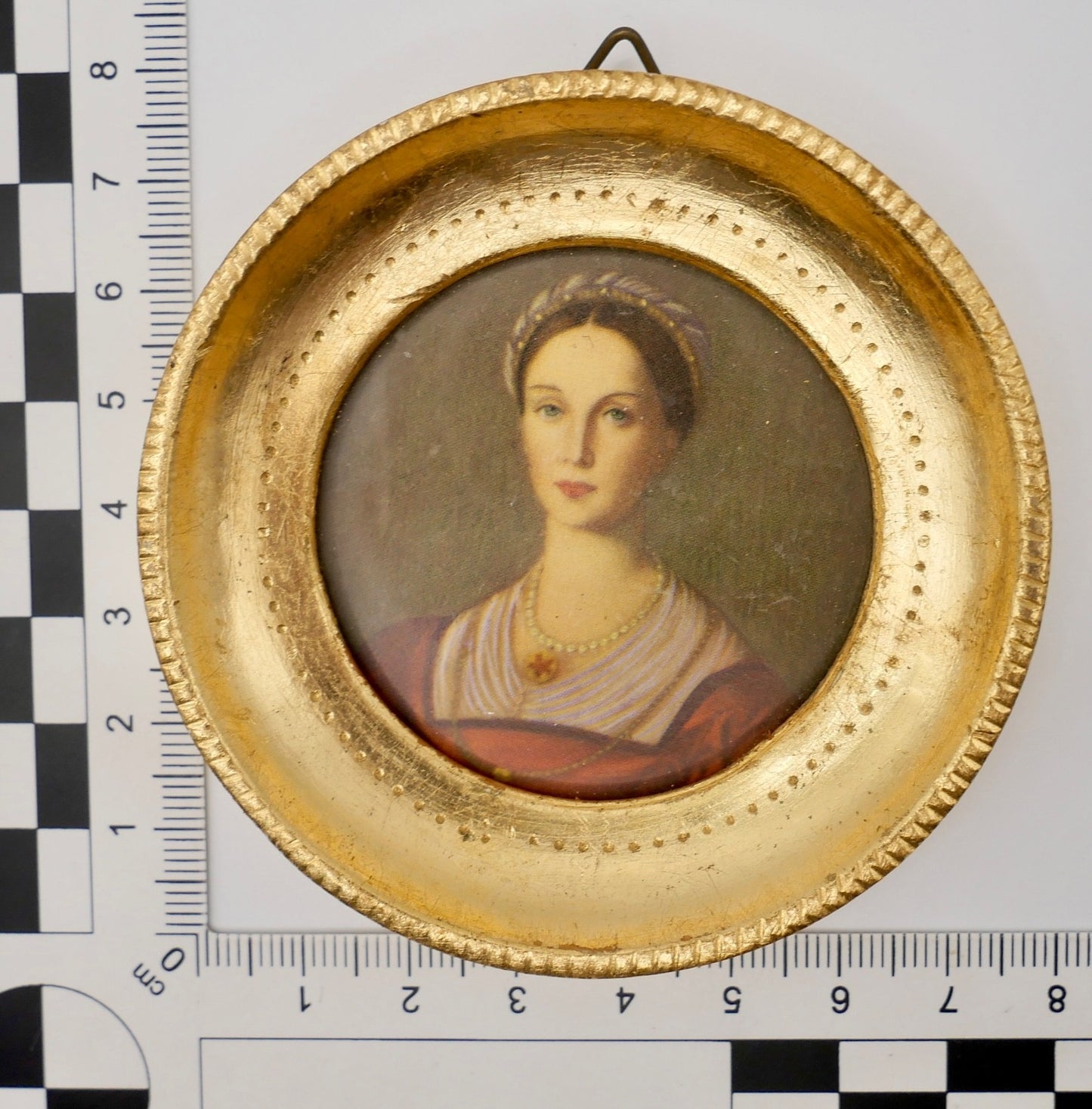 altes Miniatur Damen Portrait vergoldeter Holz Rahmen Florentiner Art Ø 7,5 cm