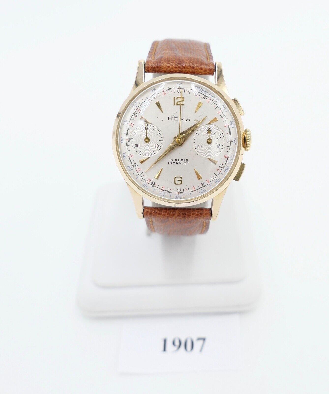 HEMA Chronograph Cal. Landeron 248 Herren Armbanduhr Handaufzug Ø 34mm neus Band - Antikhandel-Stuttgart