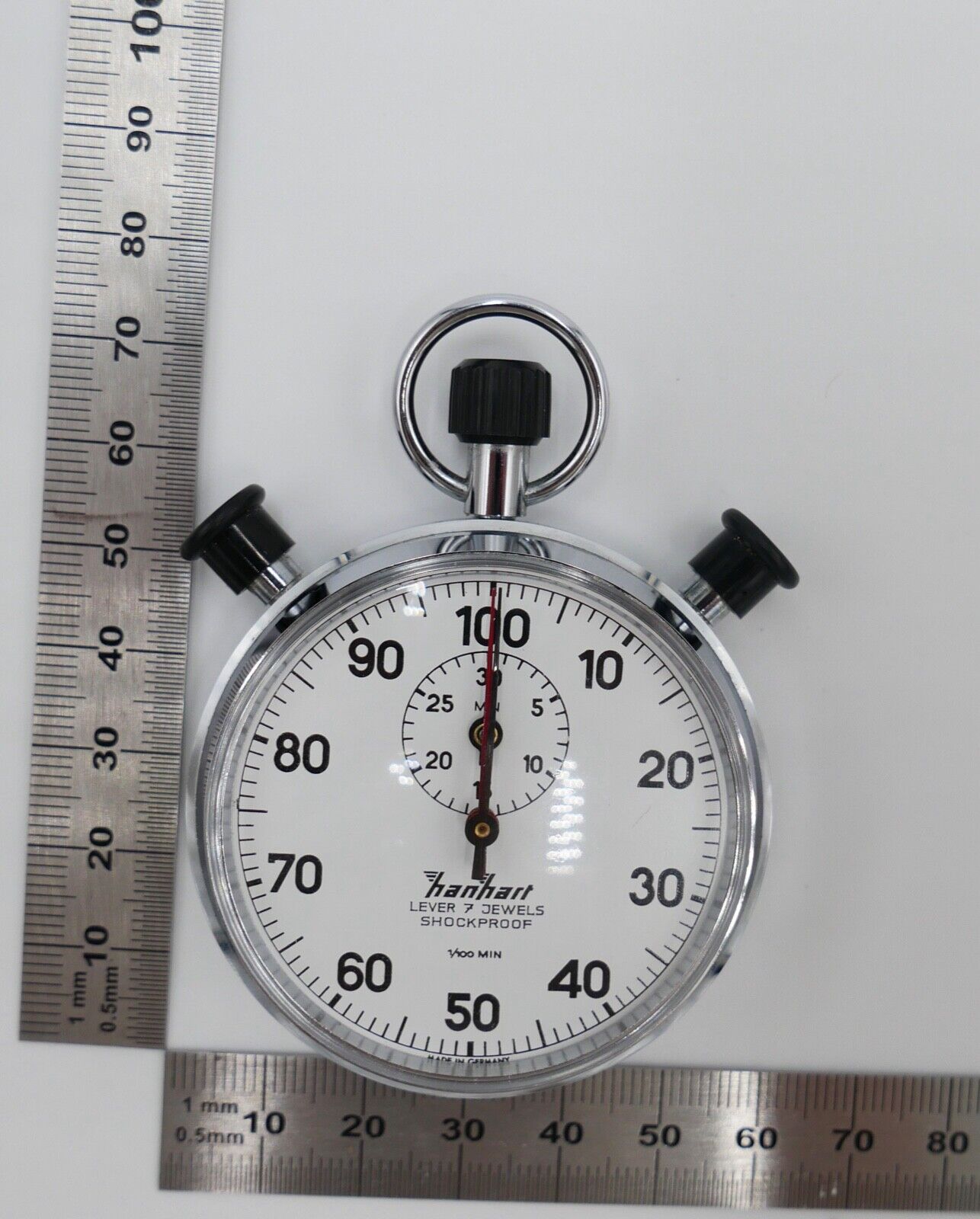 1970er HANHART Stoppuhr 30 Min 1/100 Teilung mechanisch Additions Doppelstopper - Antikhandel-Stuttgart