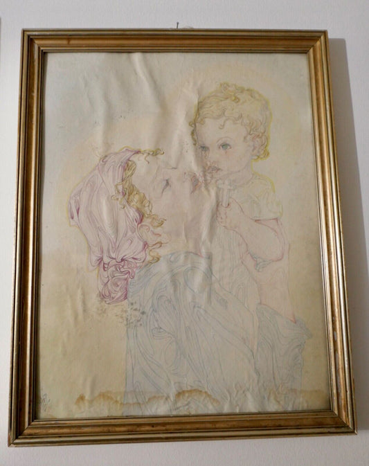 Alte bunte Bleistiftzeichnung Frau mit Kind und Kreuz signiert 41x52 cm - Antikhandel-Stuttgart