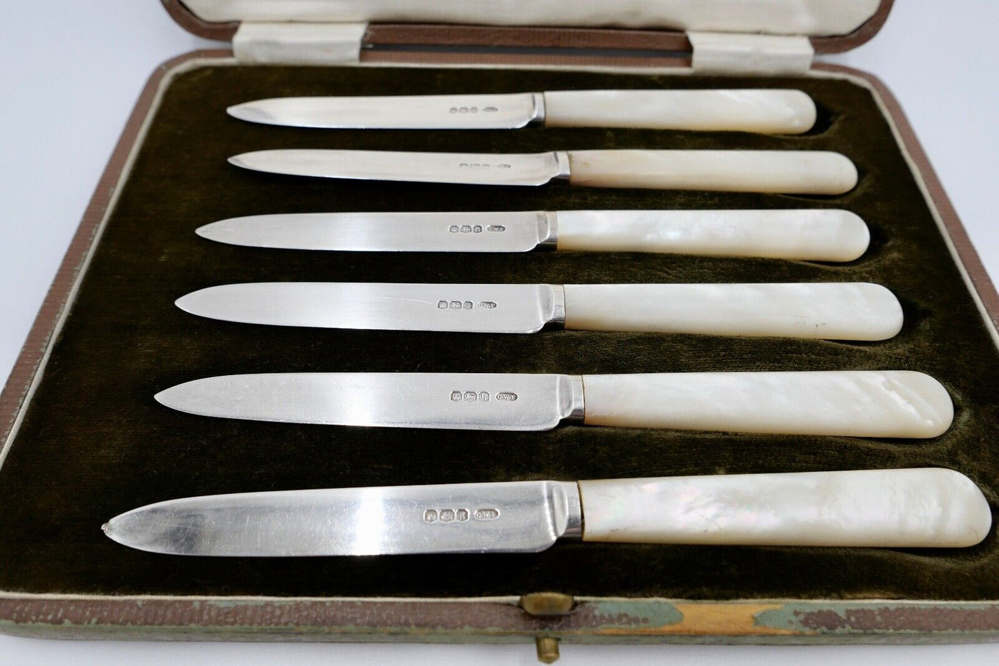 6 Antik Messer 925 Silber C.W.F Charles William Fletcher Sheffield Perlmutt 1924 - Antikhandel-Stuttgart