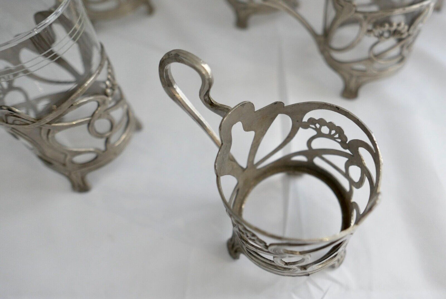 Set 6x Jugendstil Teeglashalter versilbert mit Schott Mainz JENAer Glas um 1900 - Antikhandel-Stuttgart
