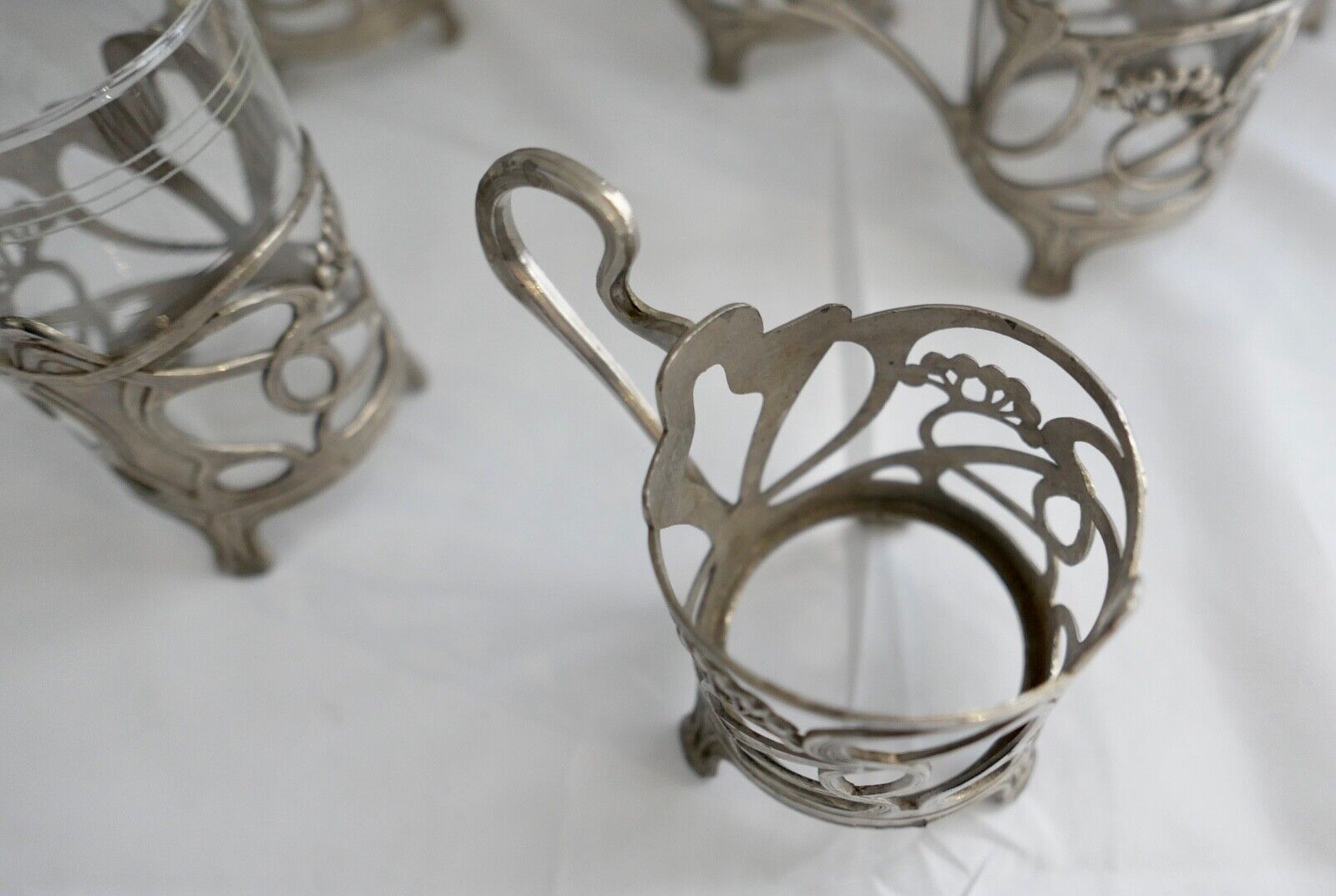 Set 6x Jugendstil Teeglashalter versilbert mit Schott Mainz JENAer Glas um 1900 - Antikhandel-Stuttgart