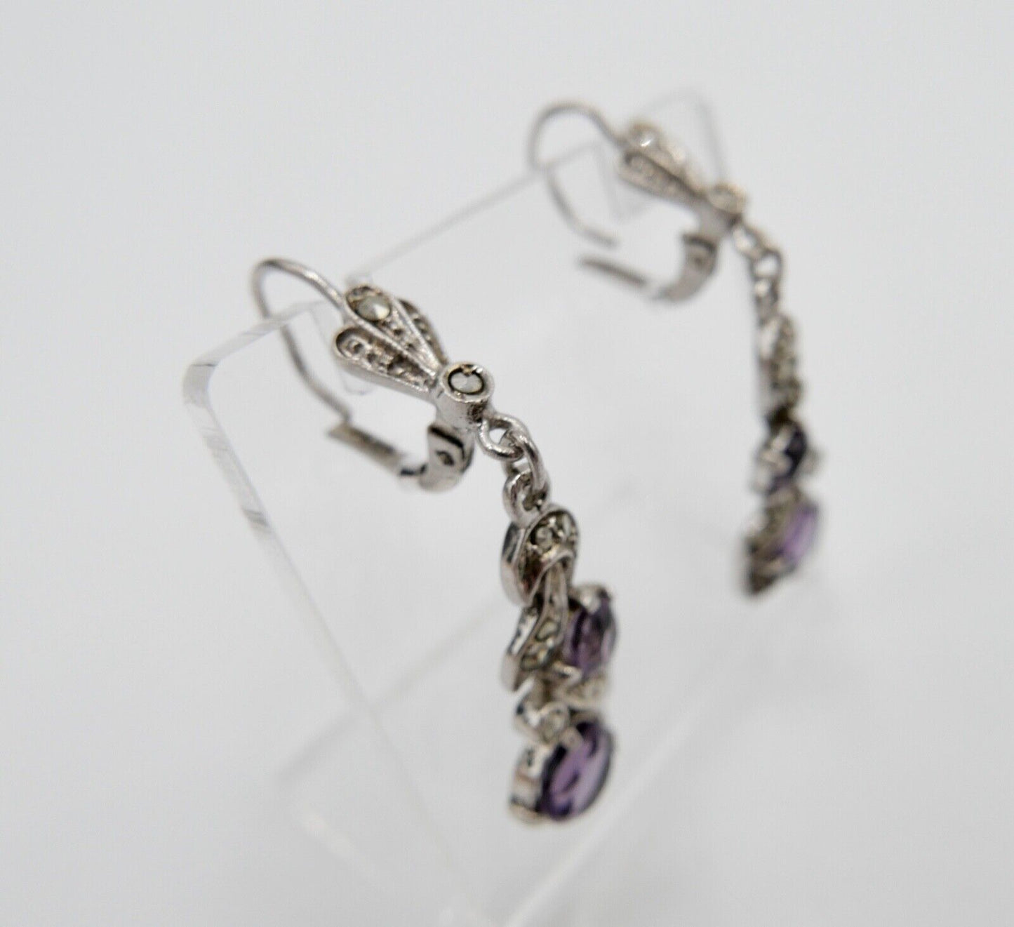 50er Jahre Ohrringe Ohrhänger 935 Silber mit Markasiten und lila Glassteinen - Antikhandel-Stuttgart