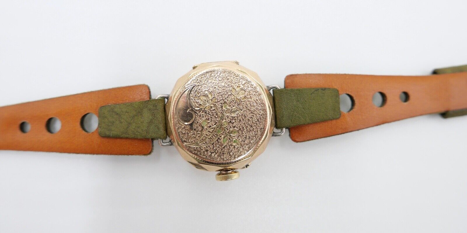 Damenuhr um 1900 floral Blumen Motiv GOLD 585 / 14K Handaufzug neues Band + Glas - Antikhandel-Stuttgart