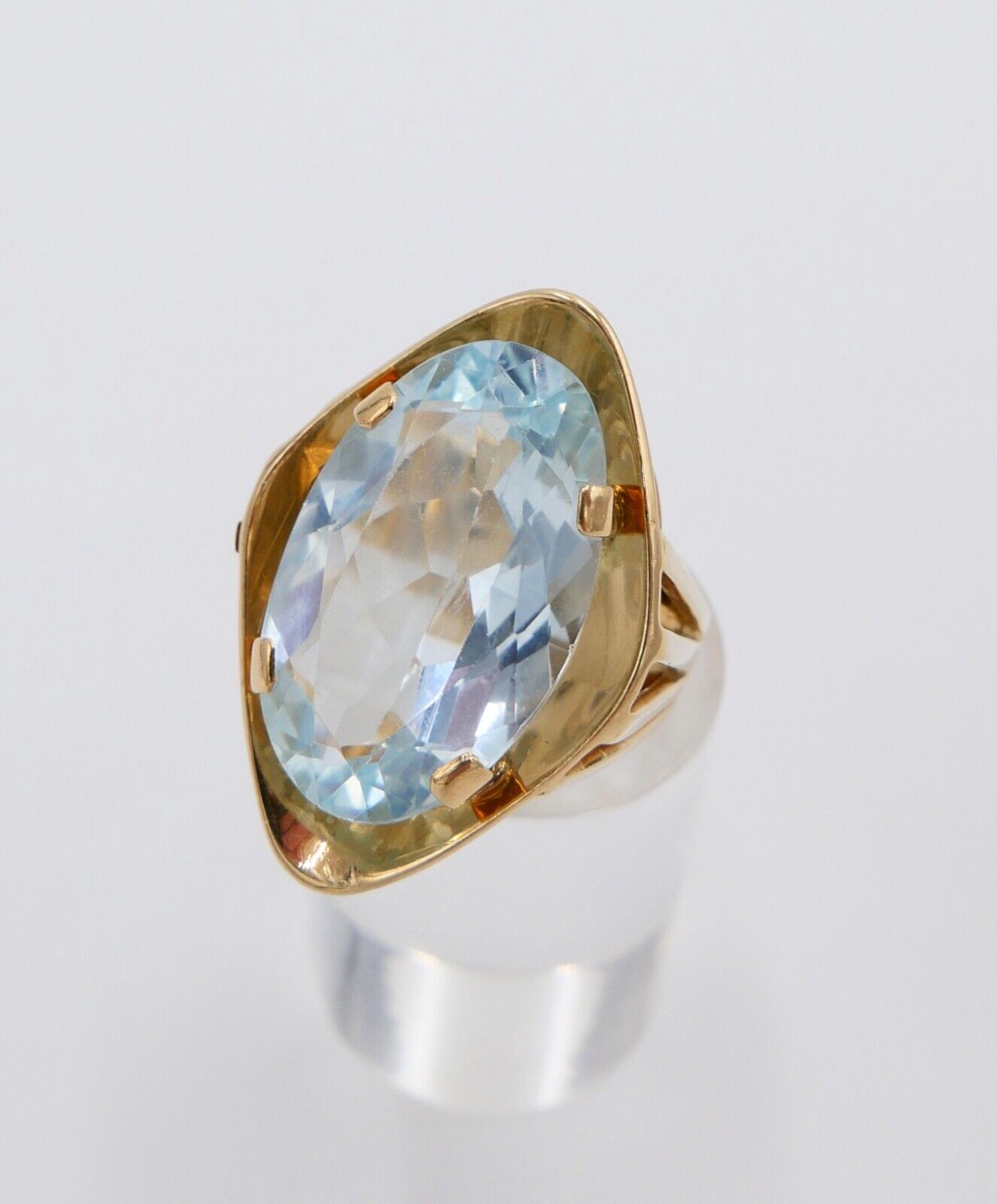 19,2 Ct Gelb Gold Damen Ring Navette Form Gr. 56 - 57 XXL blauer Stein 585 14K - Antikhandel-Stuttgart