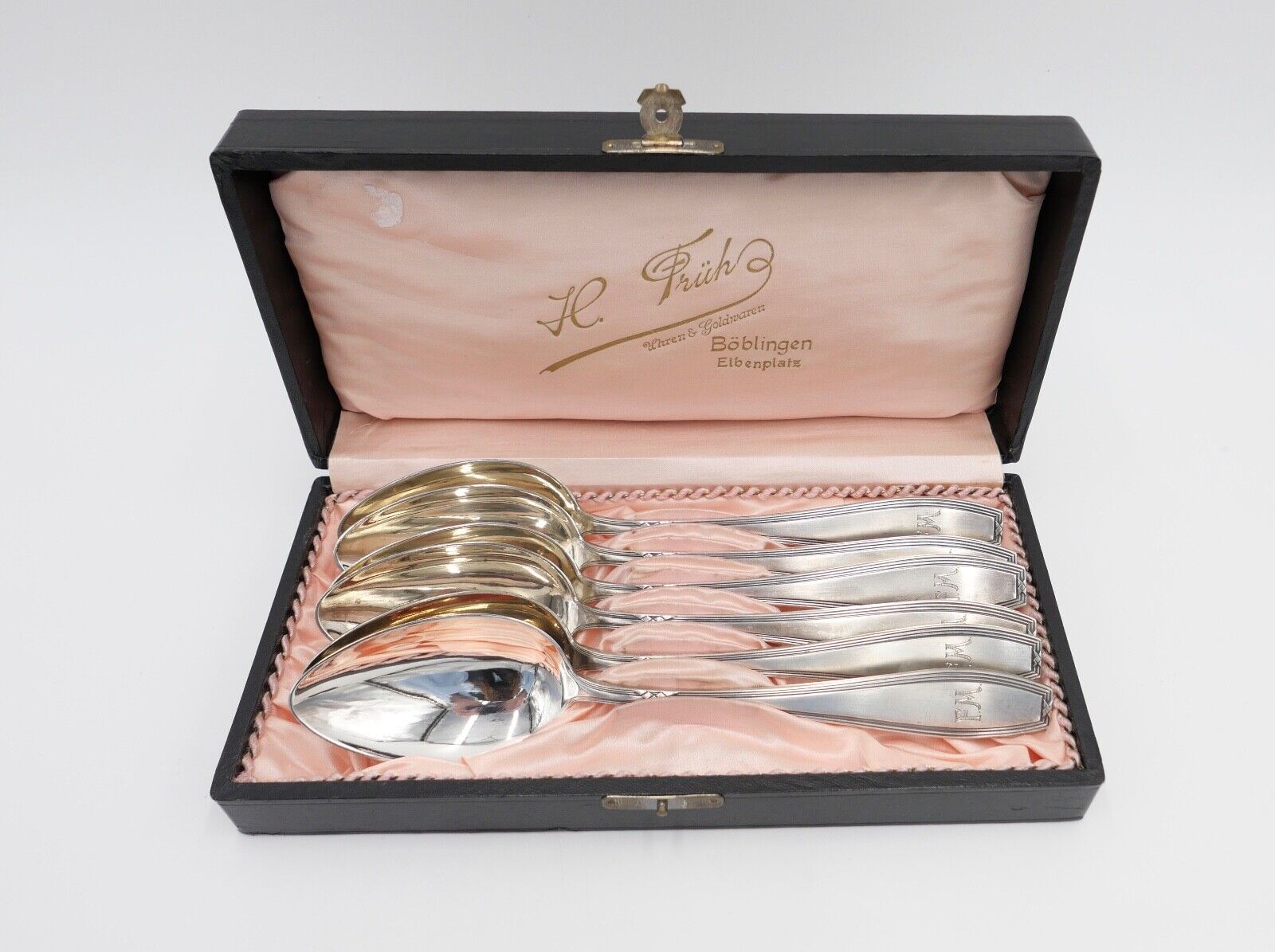 NEUwertig OKA 108 Besteck Löffel Set 6 tlg versilbert 90 Monogramm FM mit Etui - Antikhandel-Stuttgart