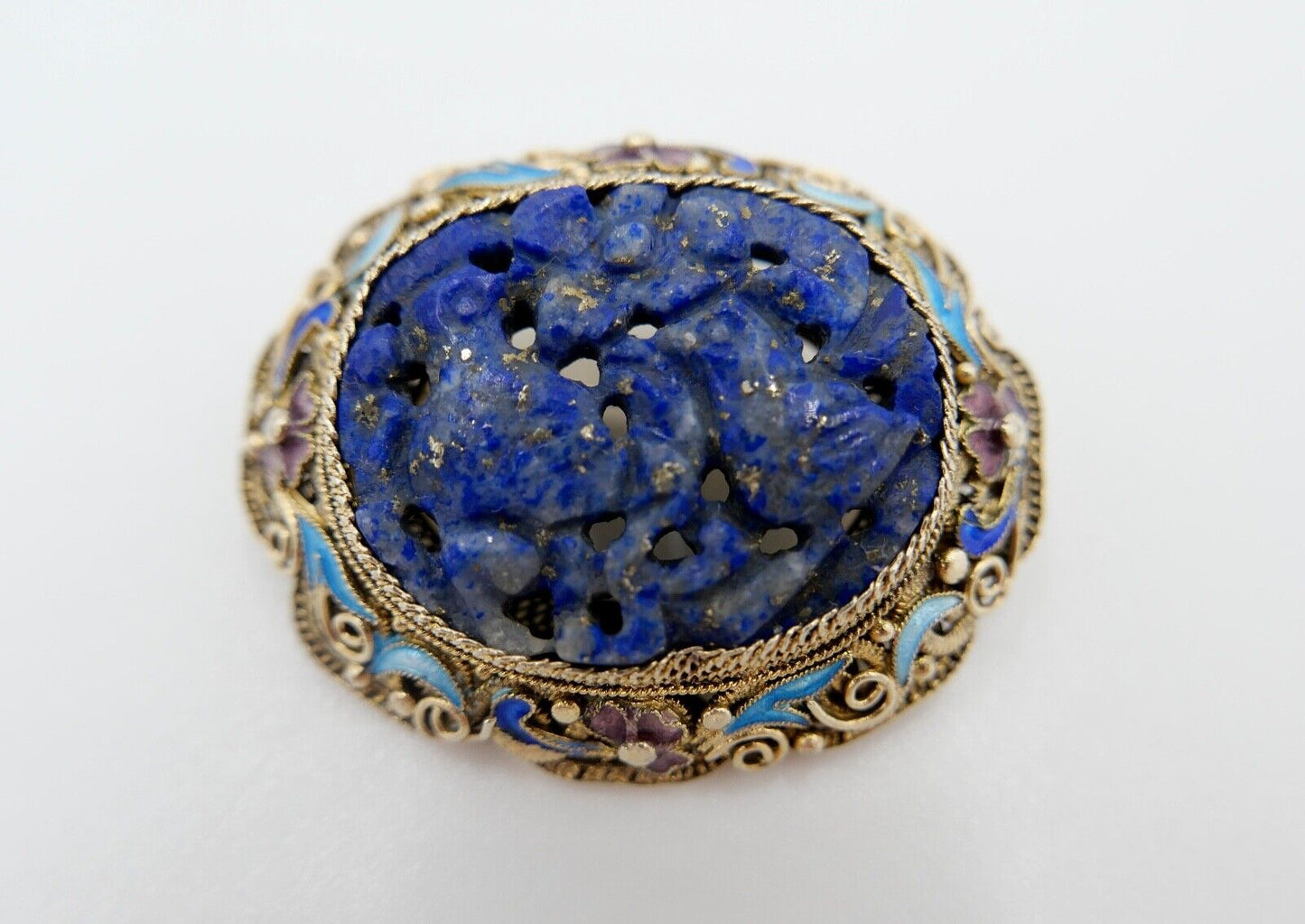Lapislazuli Lapis Lazuli Brosche Emaille Silber vergoldet 1960er Jahre China - Antikhandel-Stuttgart