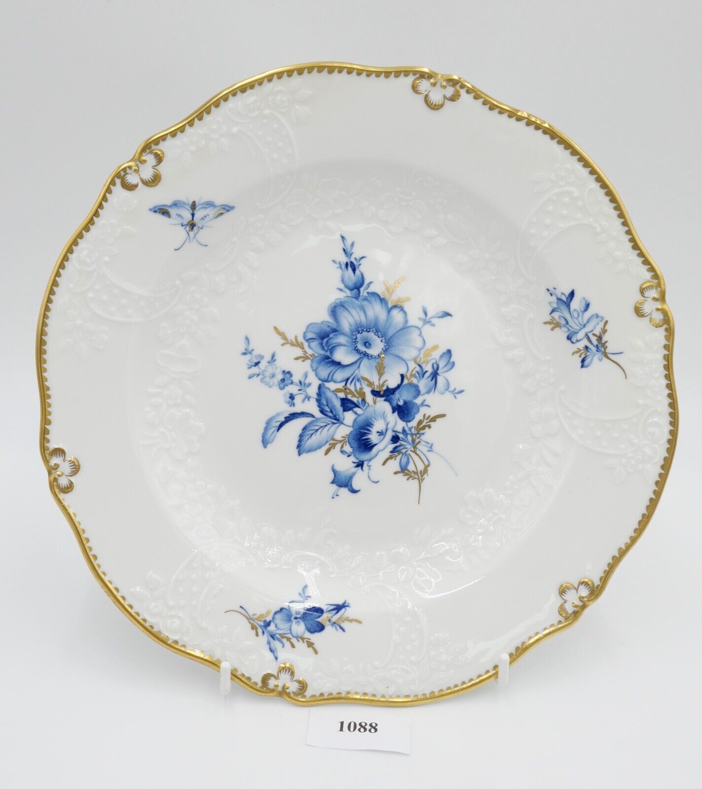 Meissen Porzellan Relief Teller Ø 25cm Goldrand Blumen Schmetterling Blau 3701 - Antikhandel-Stuttgart