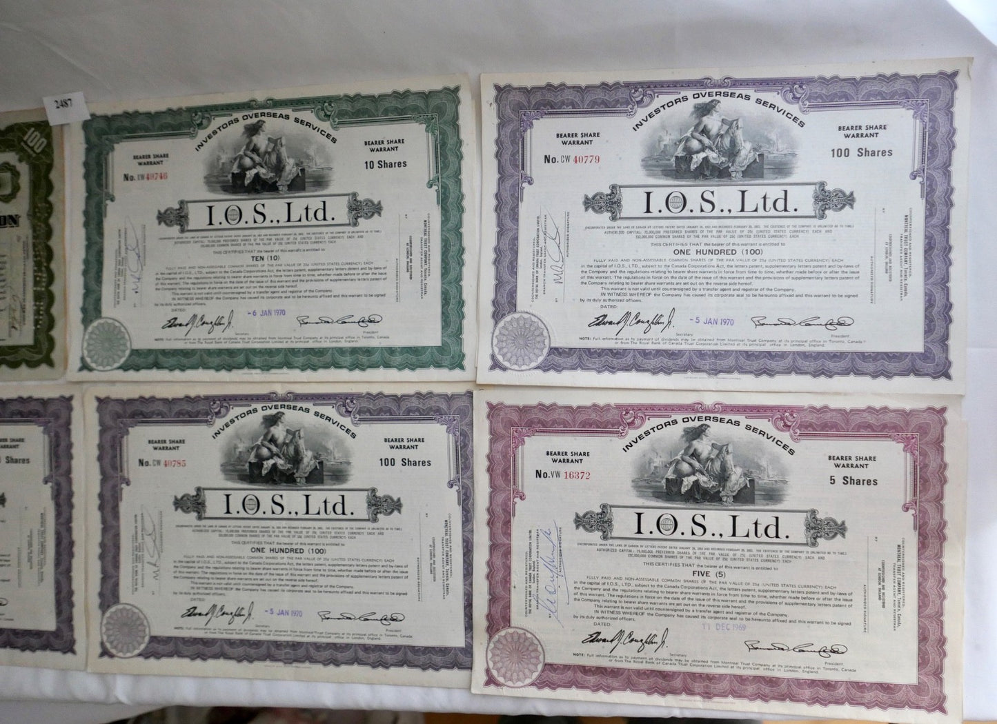 6x Aktien I.O.S. Ltd. Overseas & Tobacco Products Corporation Stock Wertpapier