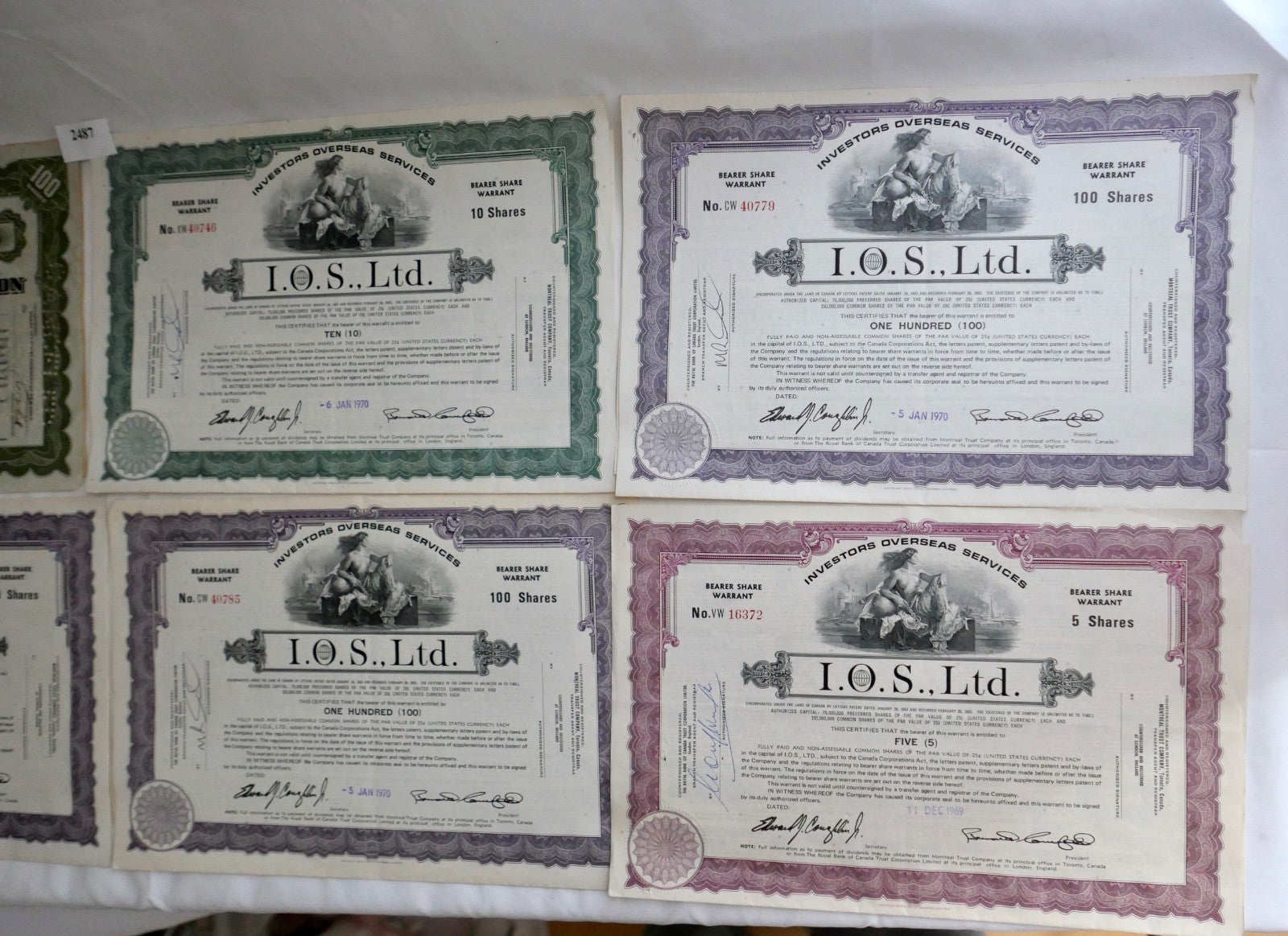 6x Aktien I.O.S. Ltd. Overseas & Tobacco Products Corporation Stock Wertpapier