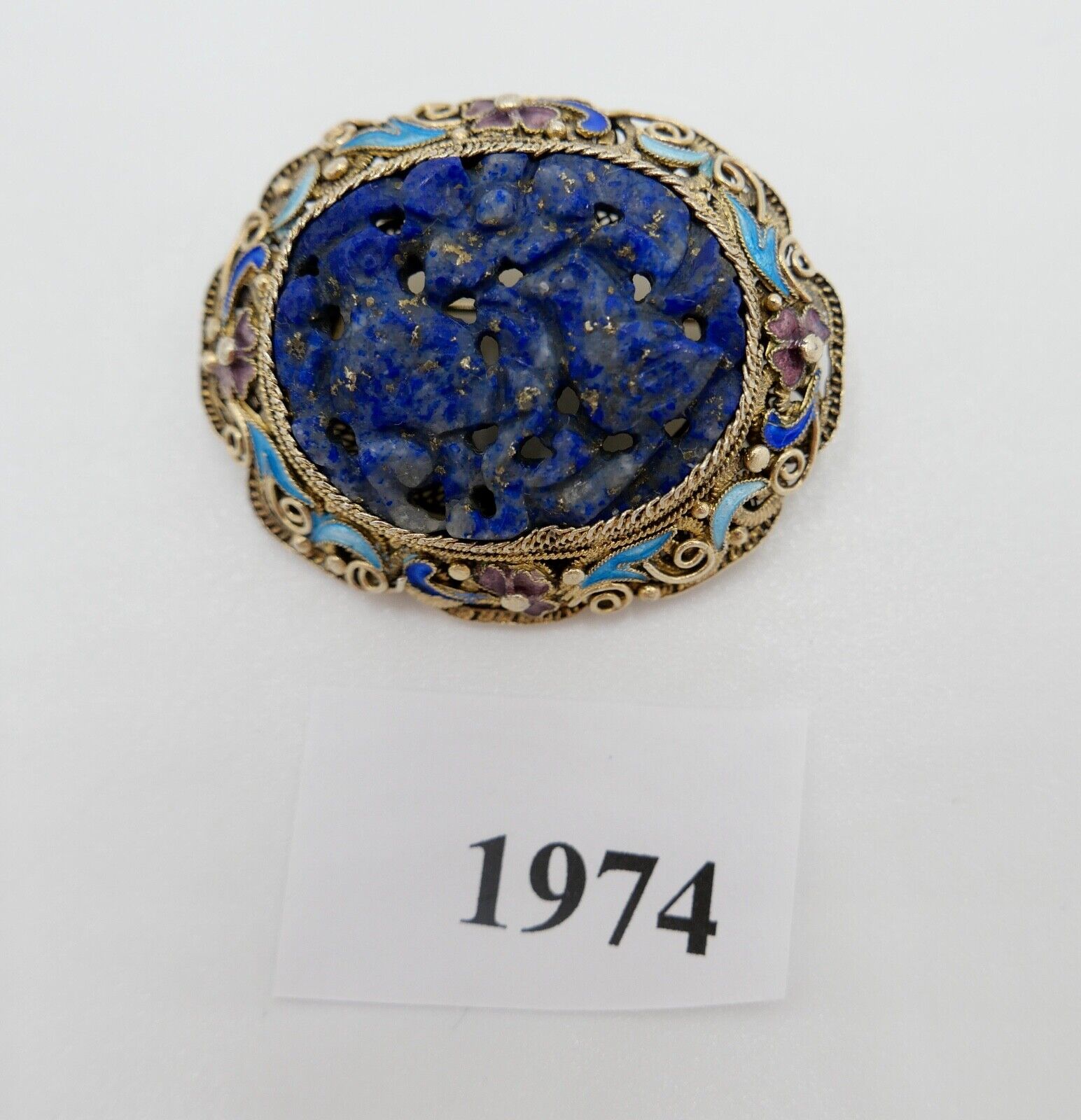 Lapislazuli Lapis Lazuli Brosche Emaille Silber vergoldet 1960er Jahre China - Antikhandel-Stuttgart