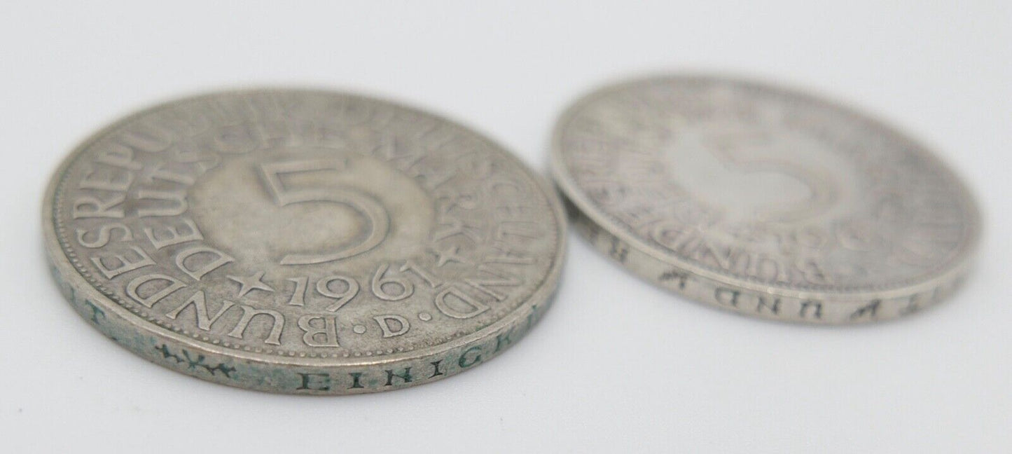 2x 5 DM 1961 J.387 Silbermünzen Silberadler Heiermann D F - Antikhandel-Stuttgart