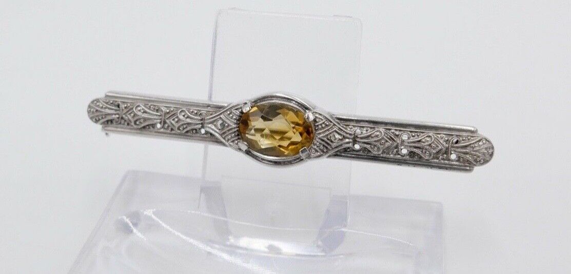 Jugendstil Silber 835 Brosche Anstecknadel mit gelben Citrin 55,0 mm - Antikhandel-Stuttgart