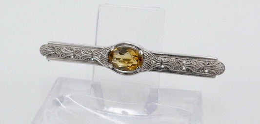 Jugendstil Silber 835 Brosche Anstecknadel mit gelben Citrin 55,0 mm - Antikhandel-Stuttgart