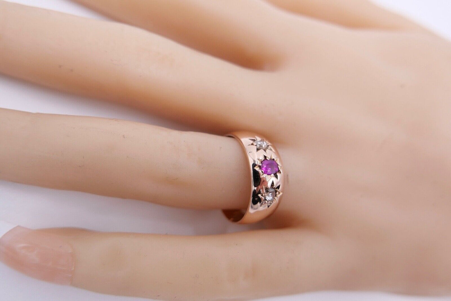 um 1900 Antiker Damen Ring Rotgold 585 14K Gr. 57 Diamanten & Rubin Stern Motiv - Antikhandel-Stuttgart