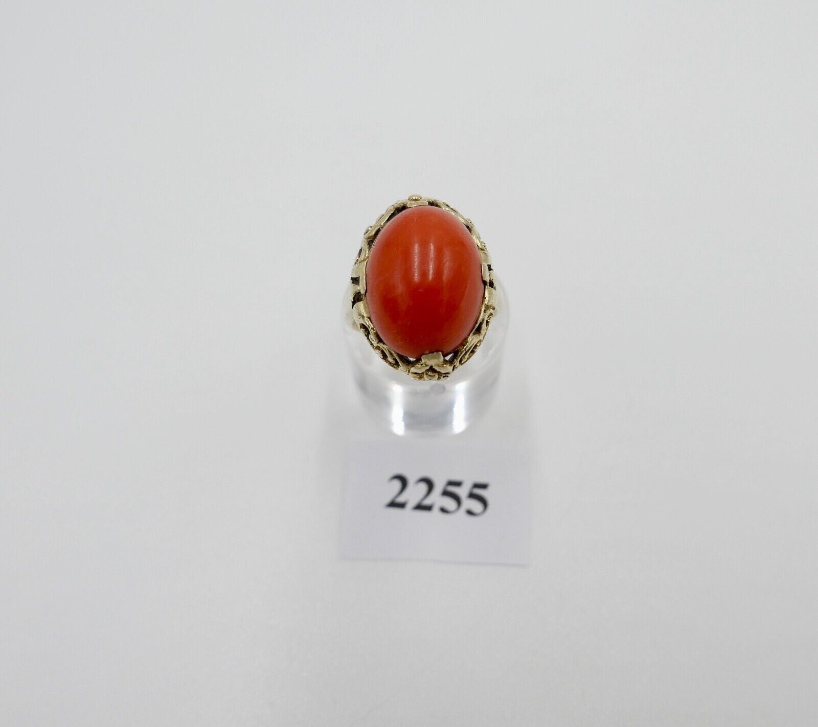 1950er Damenring Gelbgold 585 14K mit Koralle Cabochon Gr. 58 - Antikhandel-Stuttgart