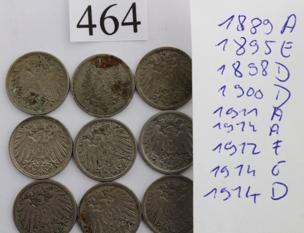 9x 5 Reichspfennig 1889 1895 1898-1914 Jäger J. 3 & 12 - Antikhandel-Stuttgart