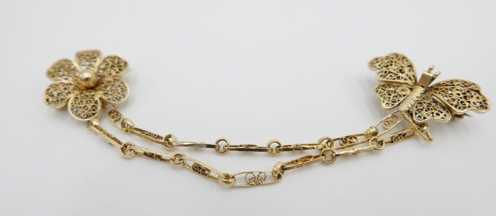 Filigrane 835 Silber Doppel Brosche vergoldet 10cm Blatt & Schmetterling Motiv - Antikhandel-Stuttgart