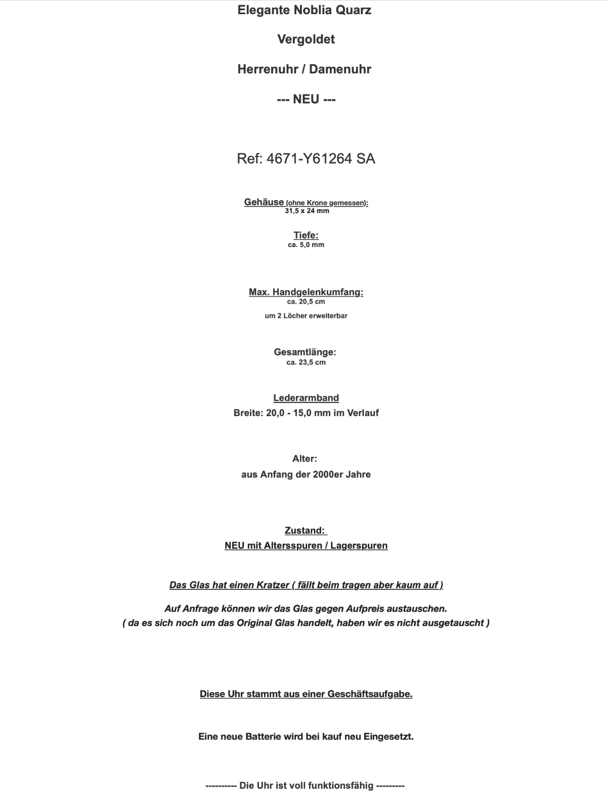 NOBLIA Quarz Herrenuhr Damenuhr Unisex Edelstahl vergoldet NEU 4671-Y61264 SA - Antikhandel-Stuttgart