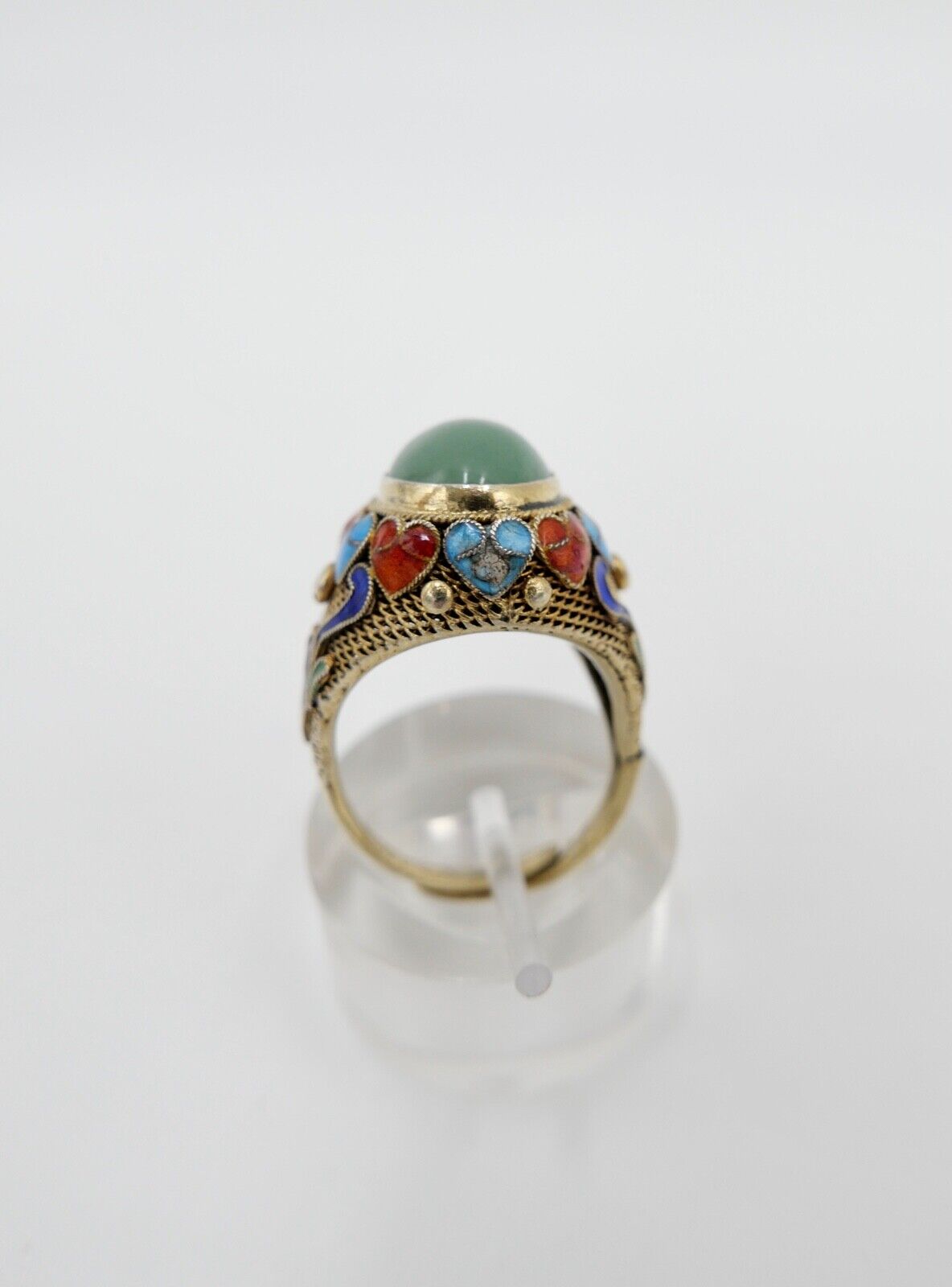 60er Jahre Silber Ring vergoldet Emaille Jade Cabochon Gr. 55 China Silver - Antikhandel-Stuttgart