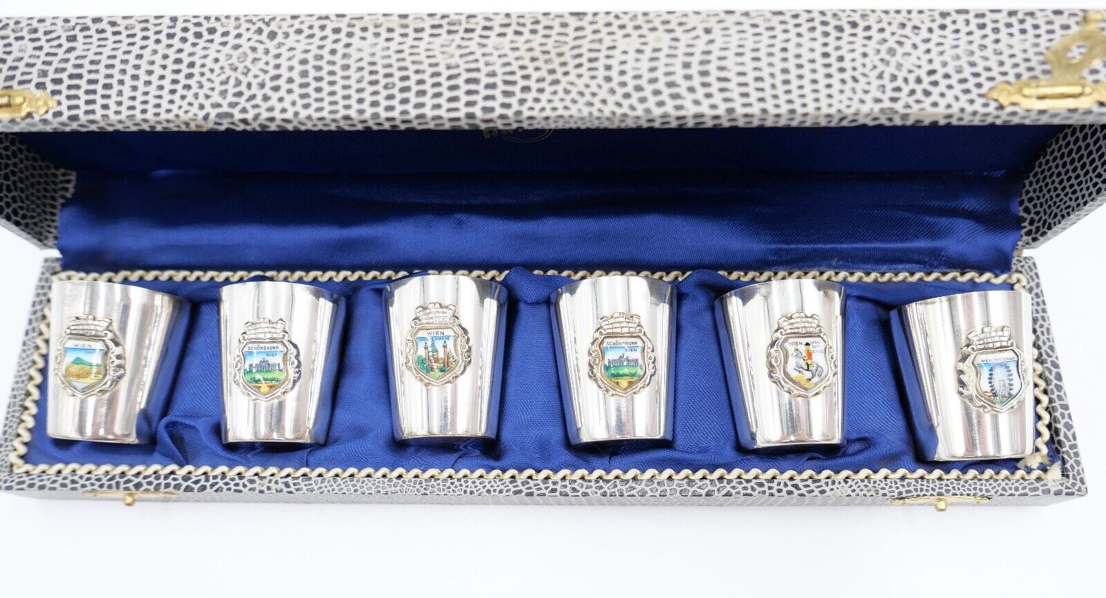 6x WIEN Antiko 100 Schnapsbecher Becher versilbert im Kasten NEUwertig - Antikhandel-Stuttgart