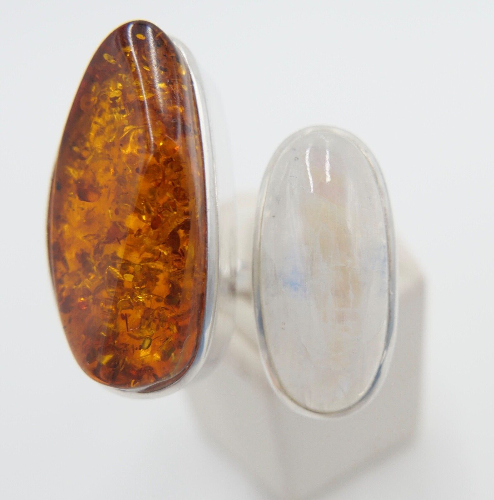 80er Jahre Designer Ring Bernstein & Mondstein Silber 925 Größe 60 verstellbar - Antikhandel-Stuttgart