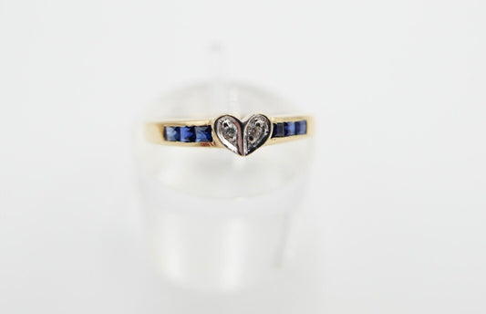 80er J. Damen Ring Herzform Gold Brillant VS / G Saphir 0,46 Ct 750 / 18K Gr. 55 - Antikhandel-Stuttgart