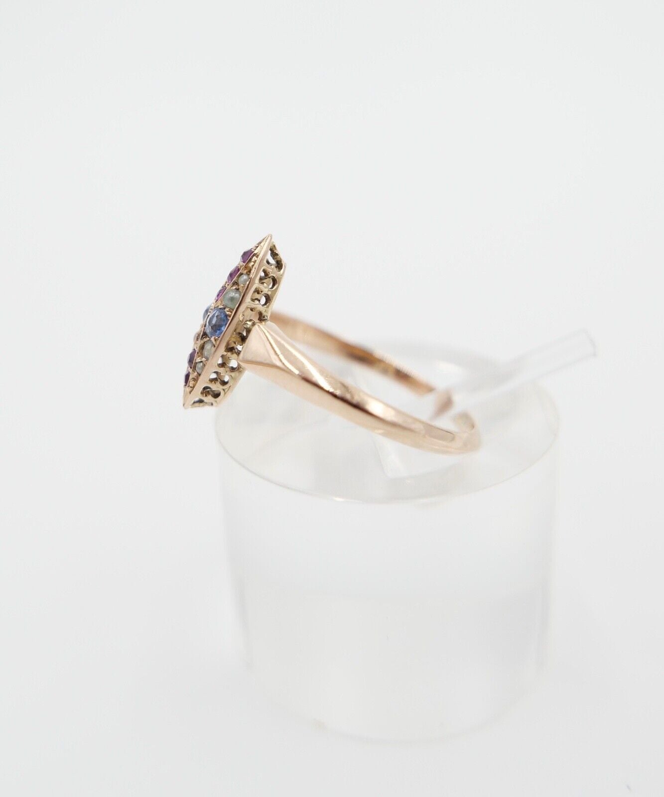 Antiker Damen Rotgold Ring 585 / 14K Gr. 53 Navette Saatperle Rubin syn. Spinell - Antikhandel-Stuttgart