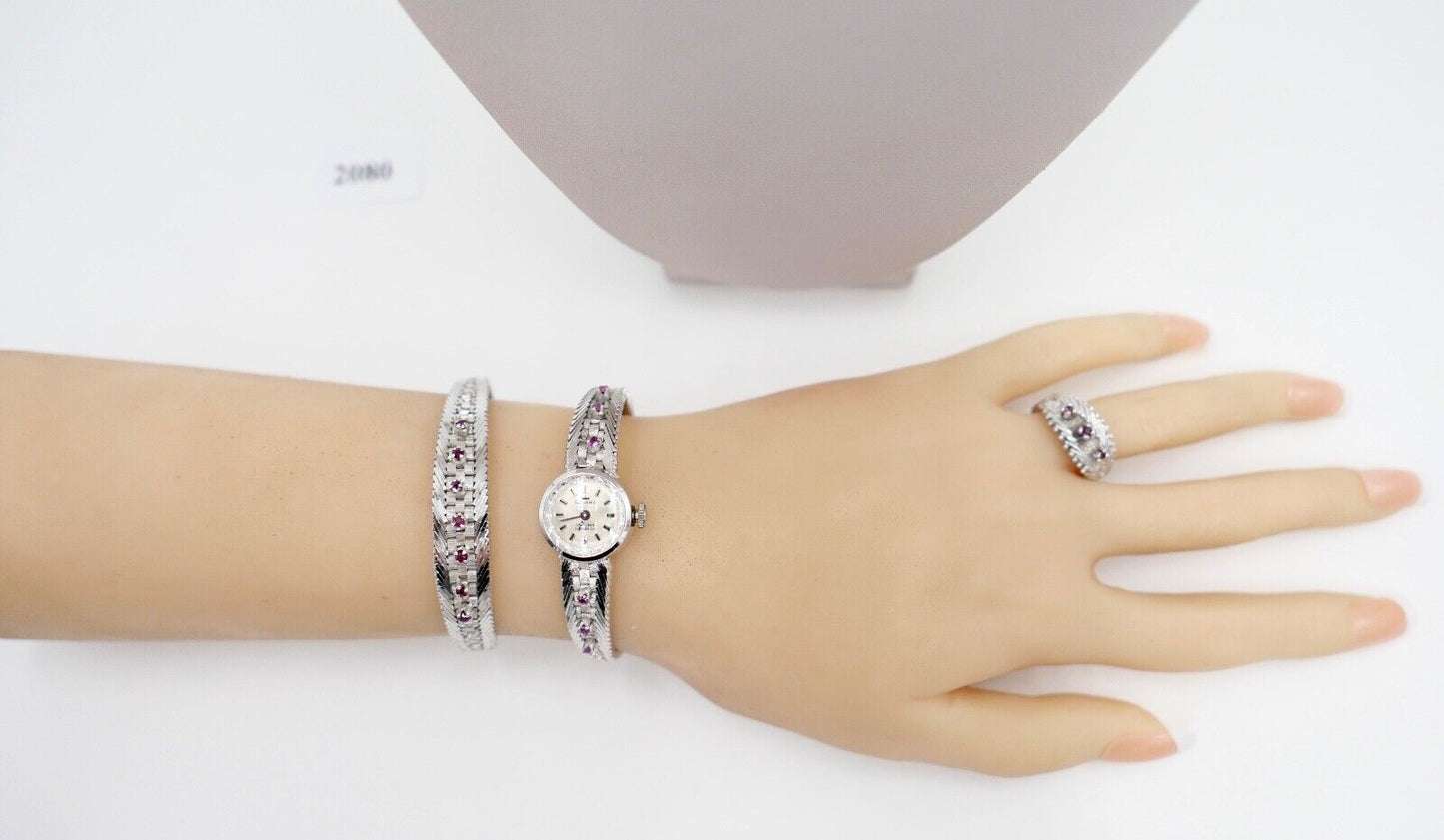 835 Silber Rubin Set " Armband Ring Uhr Ohrringe Collier " 1970er Jahre - Antikhandel-Stuttgart