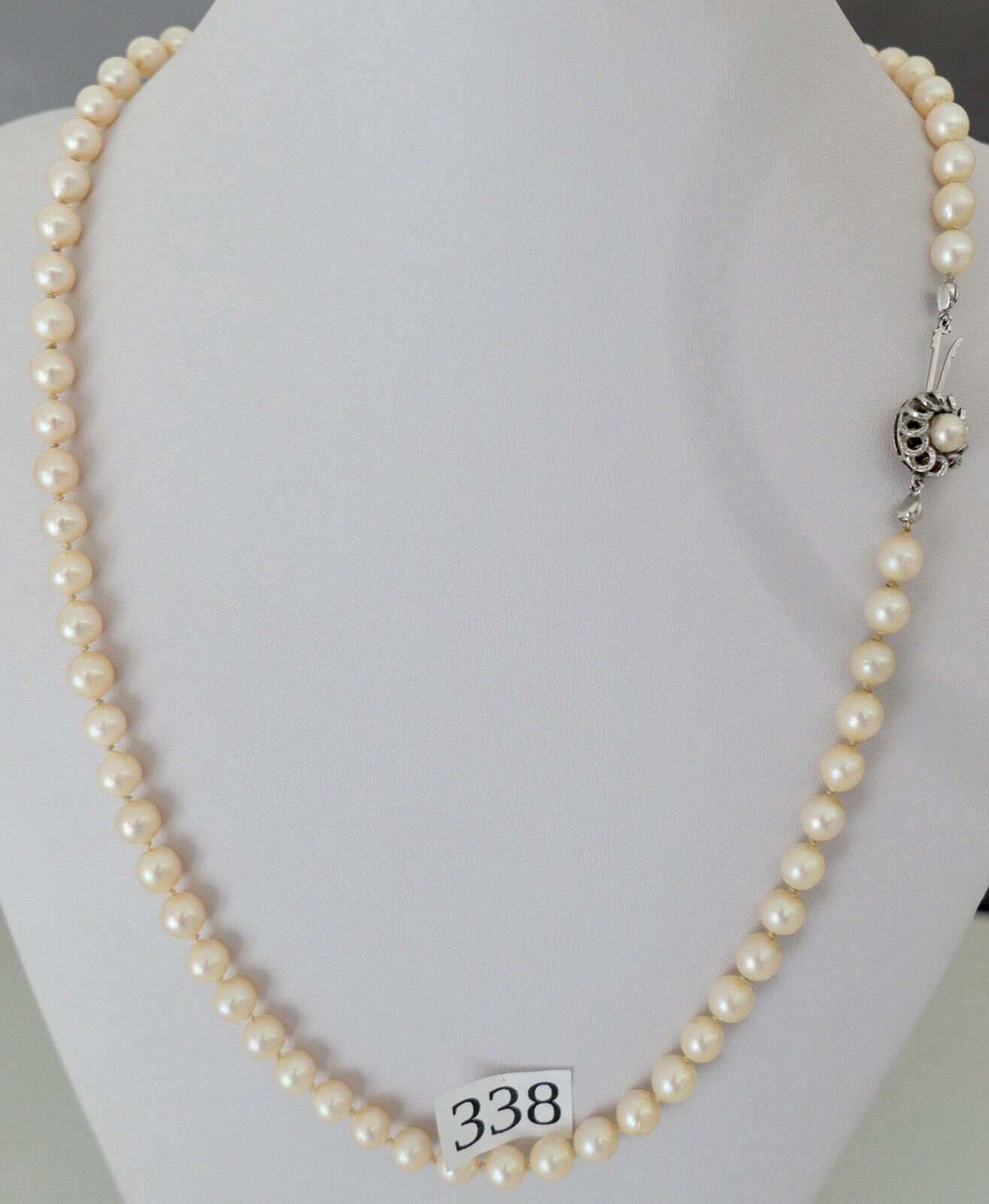 Perlenkette Verschluss Weiß/Gelb Gold 585/14K pearl Ø 6.5 mm Necklace 58 cm - Antikhandel-Stuttgart