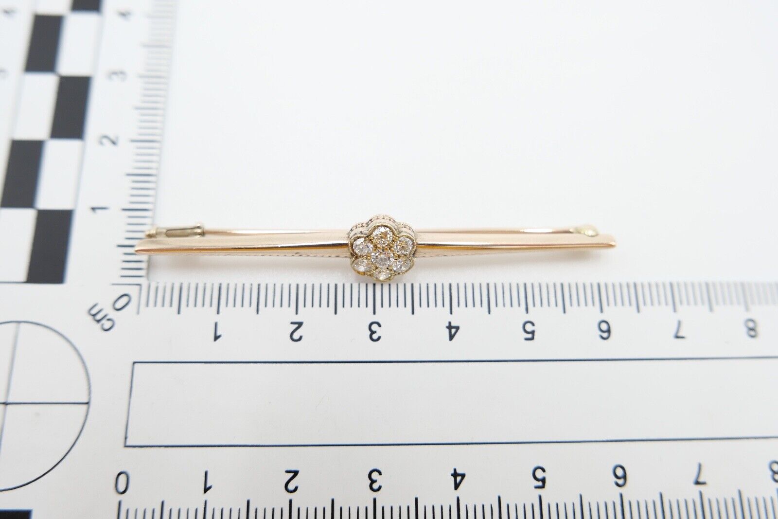 30er Jahre Brosche Bajonettverschluß 62mm 585 Rotgold Übergangsschliff Diamant - Antikhandel-Stuttgart