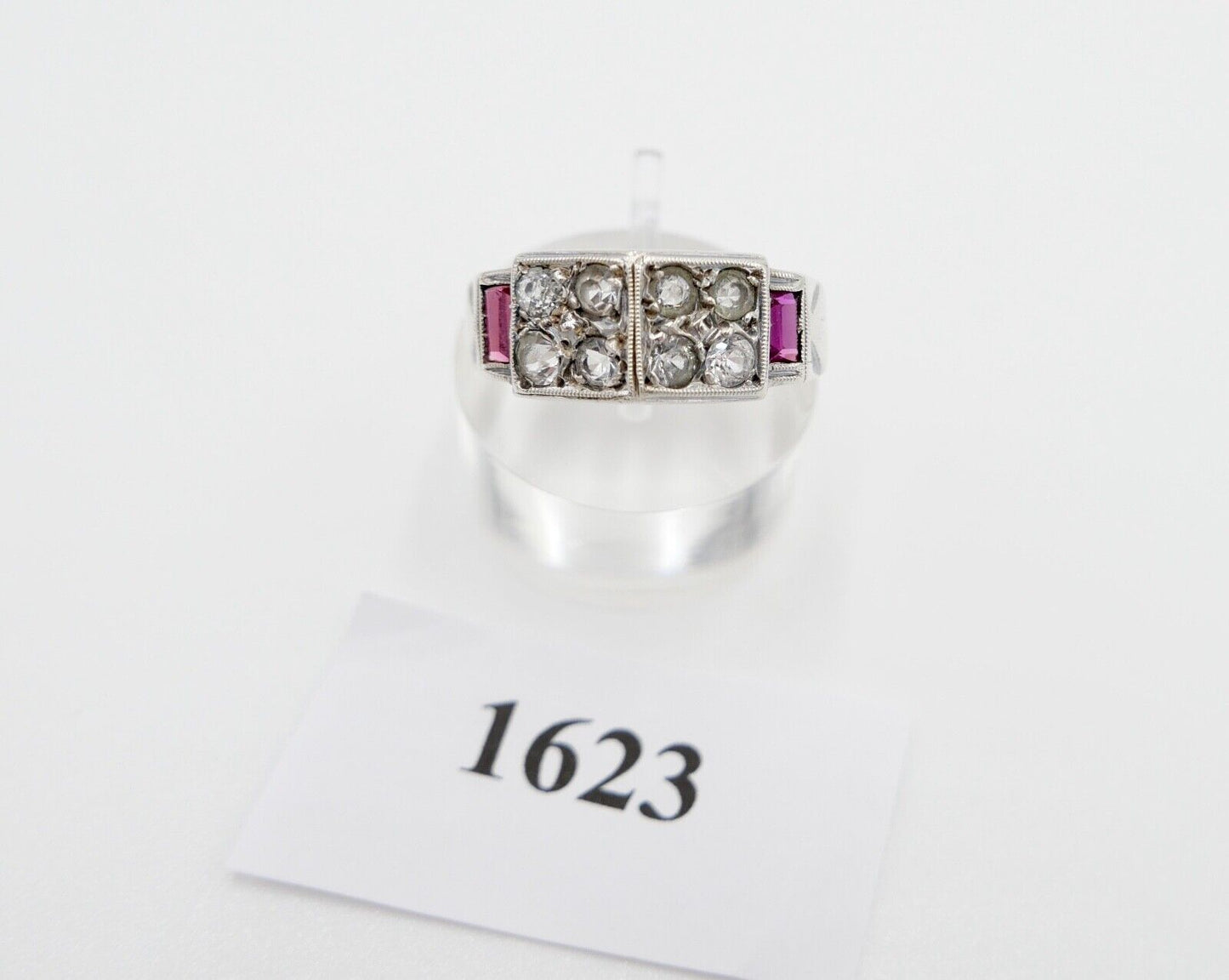 ART DECO Damenring Ring Silber Gr. 57 mit synth. Spinell Rubin Glasstein - Antikhandel-Stuttgart