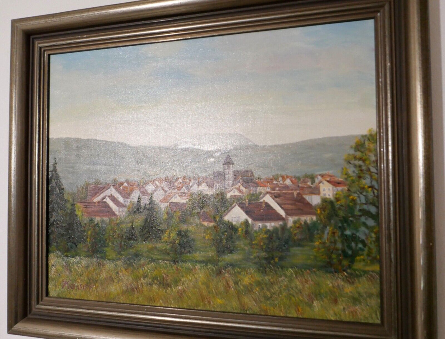 schönes Ölgemälde Tal Landschaft Dorf signiert Hugo Kaiser 62x50cm - Antikhandel-Stuttgart