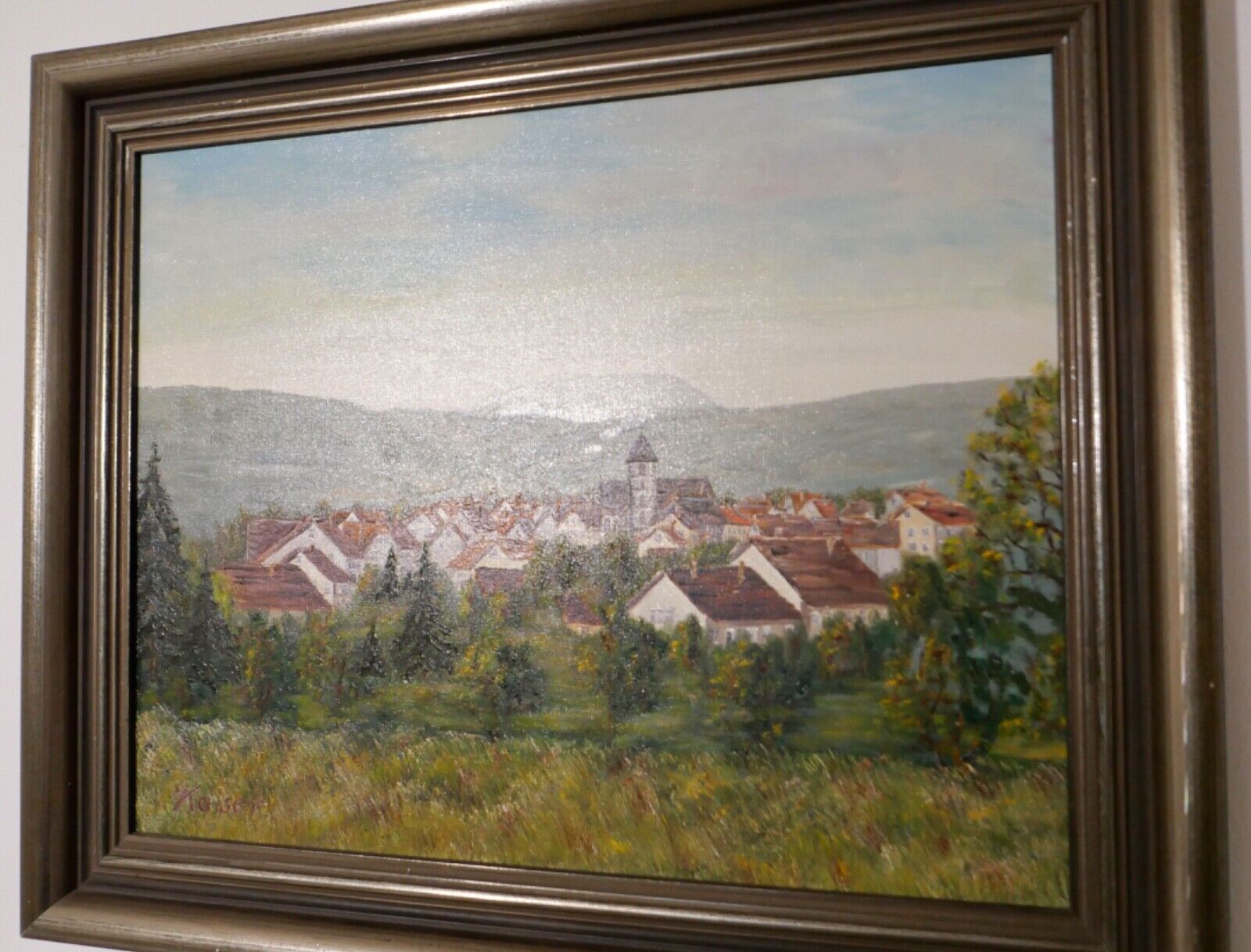 schönes Ölgemälde Tal Landschaft Dorf signiert Hugo Kaiser 62x50cm - Antikhandel-Stuttgart
