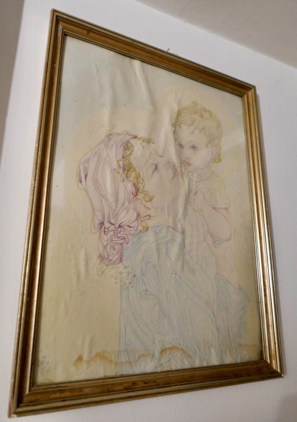 Alte bunte Bleistiftzeichnung Frau mit Kind und Kreuz signiert 41x52 cm - Antikhandel-Stuttgart