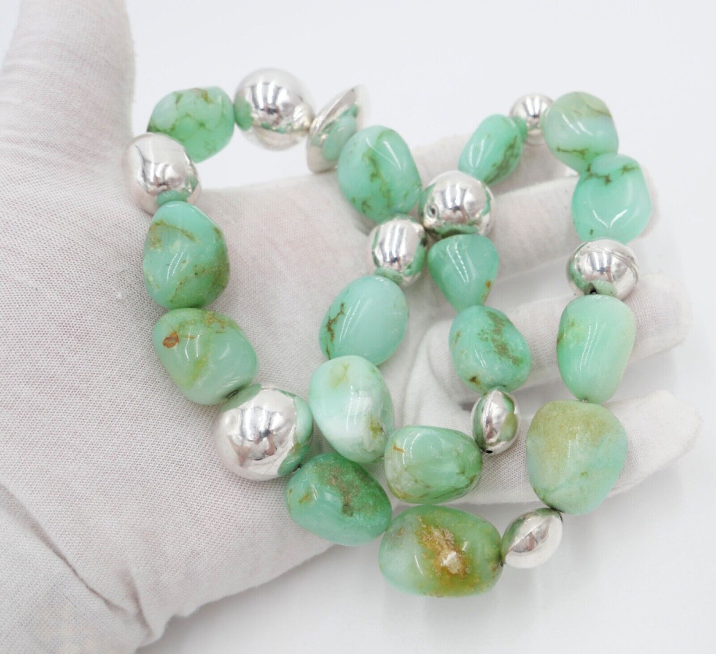 schwere Chrysopras Kette Collier mit 925 Silber Kugel 59cm Magnet Verschluss RKG - Antikhandel-Stuttgart