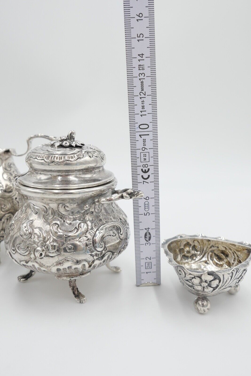 4 teiliges Teeset Set um 1900 Hanau Rokoko 800 Silber 620 Gr Floralverzierung - Antikhandel-Stuttgart