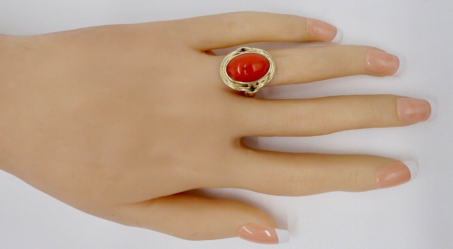 Eleganter Gold Ring 585 14K Gr. 55/17,5 Koralle Cabochon 6 Ct - Antikhandel-Stuttgart