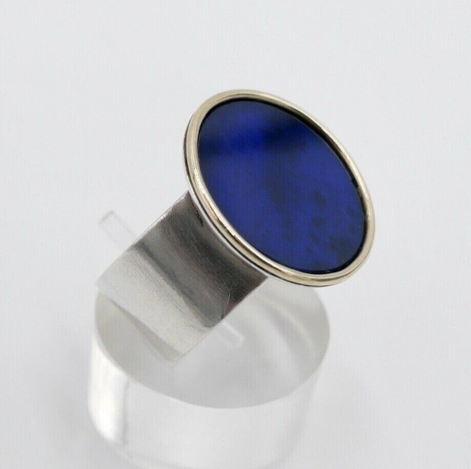 80er Rundkopf Silberrring Damen runder großer Lapislazuli vergoldet Gr.57 Silber - Antikhandel-Stuttgart