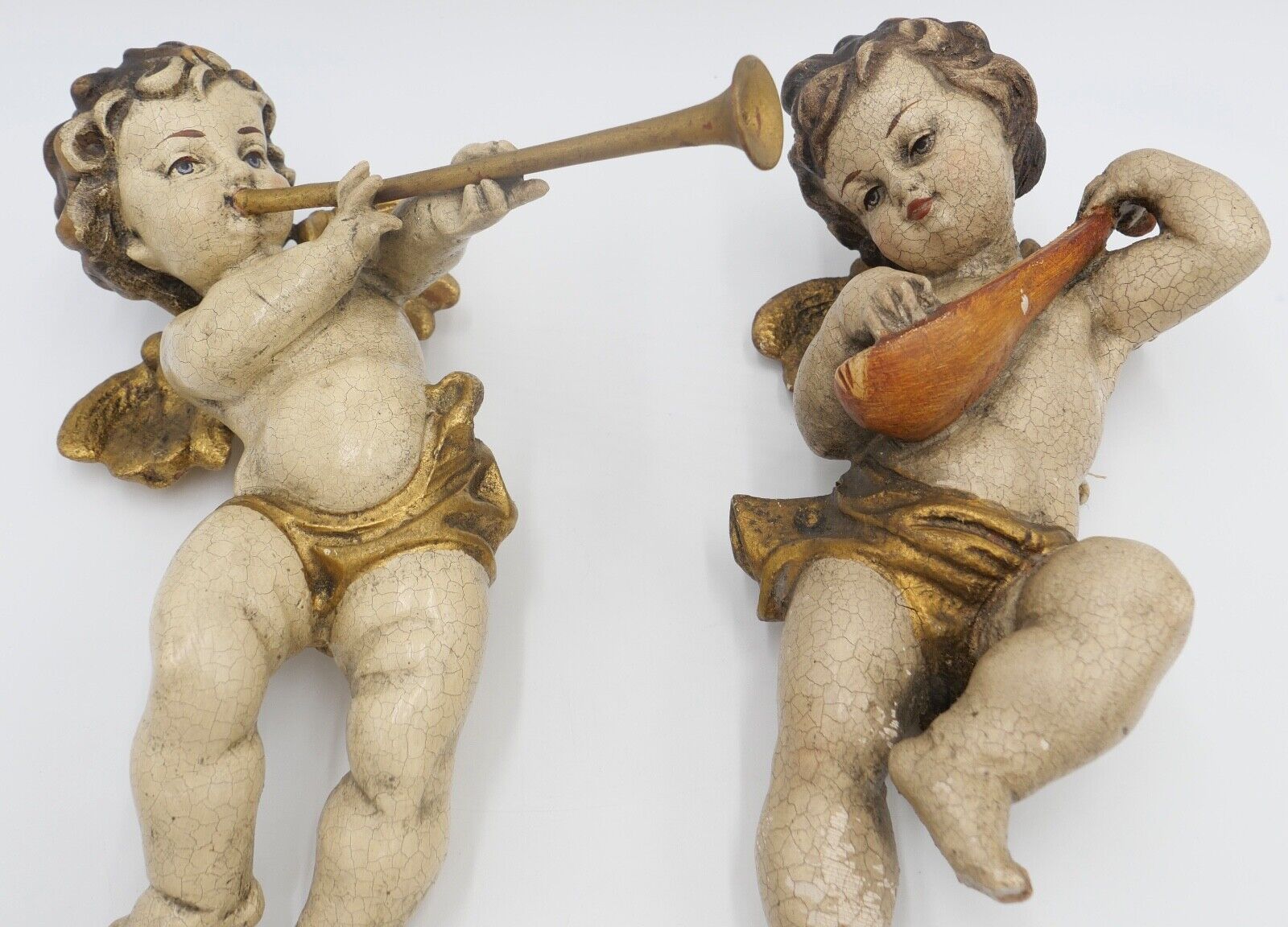 2x musizierende Putti / Putto Holzschnitzerei Engel farbig Holz Holzengel - Antikhandel-Stuttgart