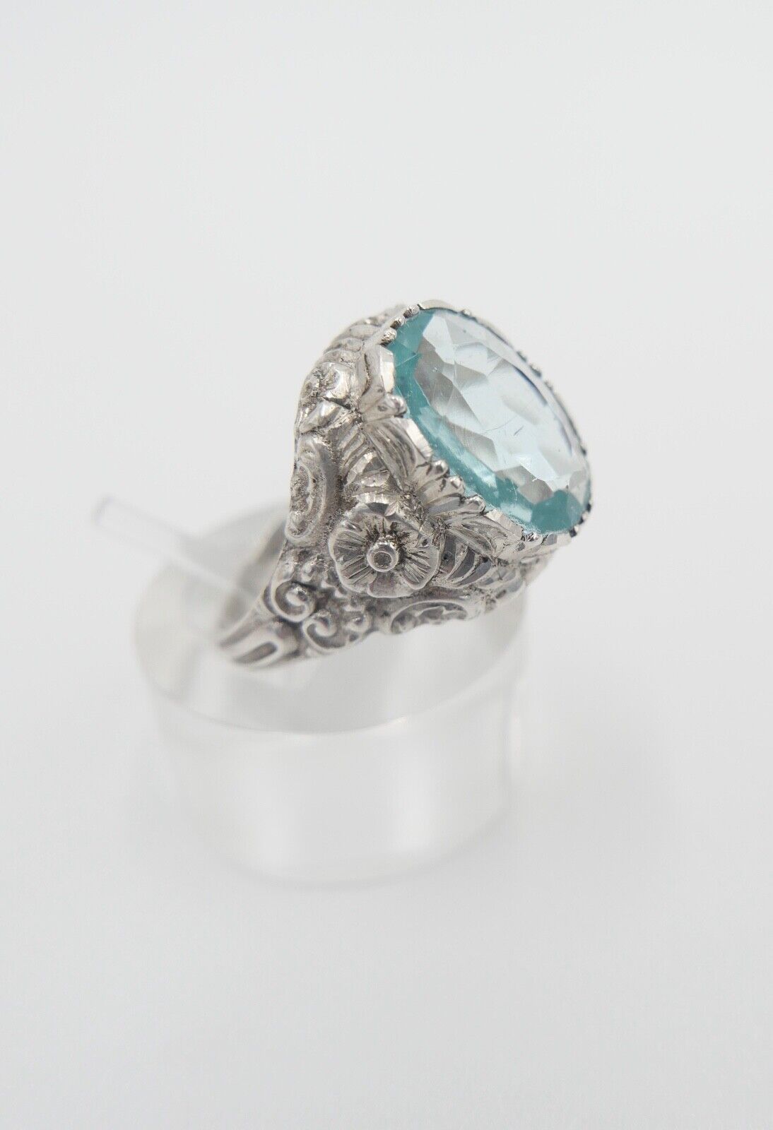 JUGENDSTIL Damenring 835 Silber Gr. 57 floral Glasstein Türkis Blau - Antikhandel-Stuttgart