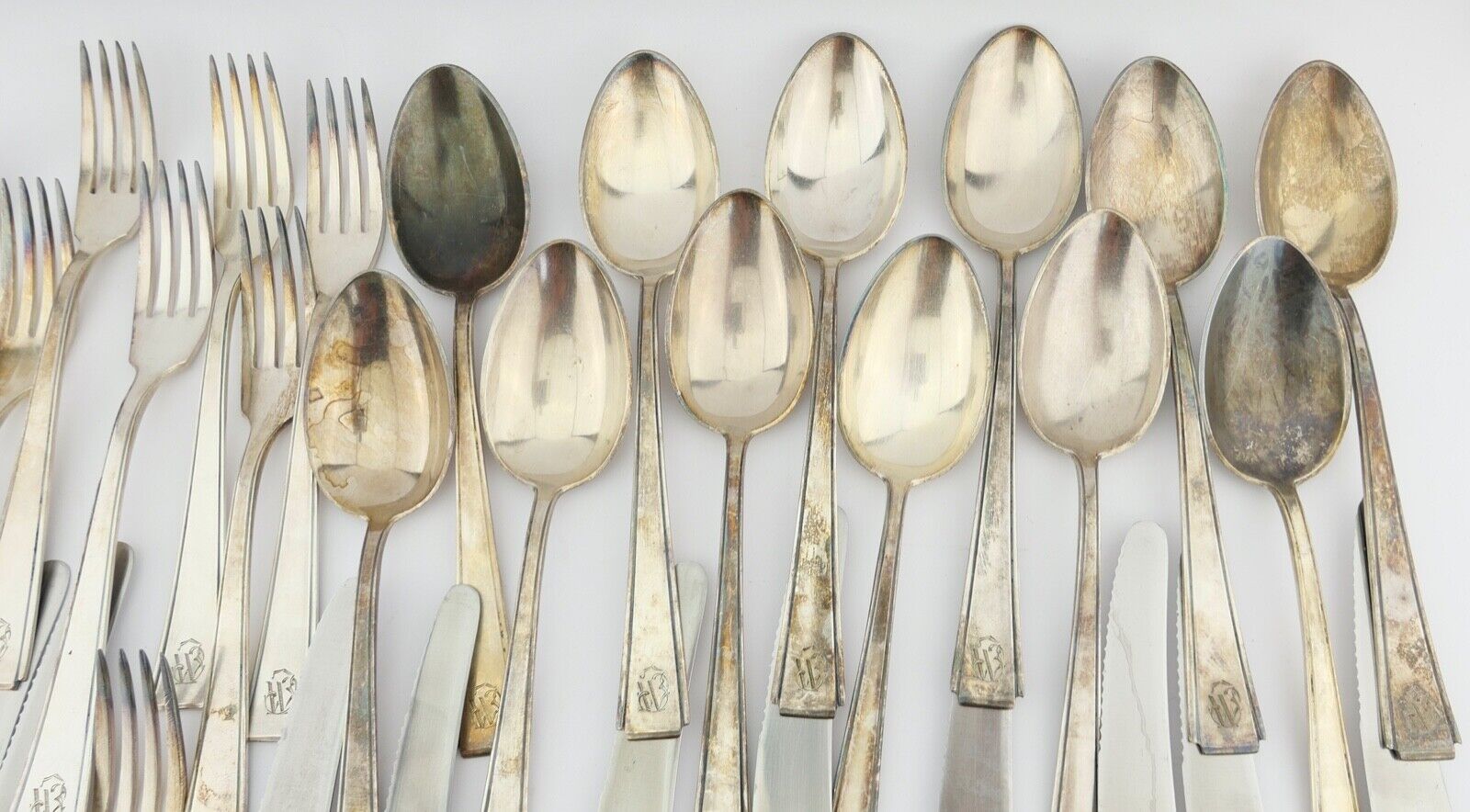Art Deco " GEBR. HEPP 90 " 36 Tlg. cutlery Besteck 1930er 1940er Monogramm JW WJ - Antikhandel-Stuttgart