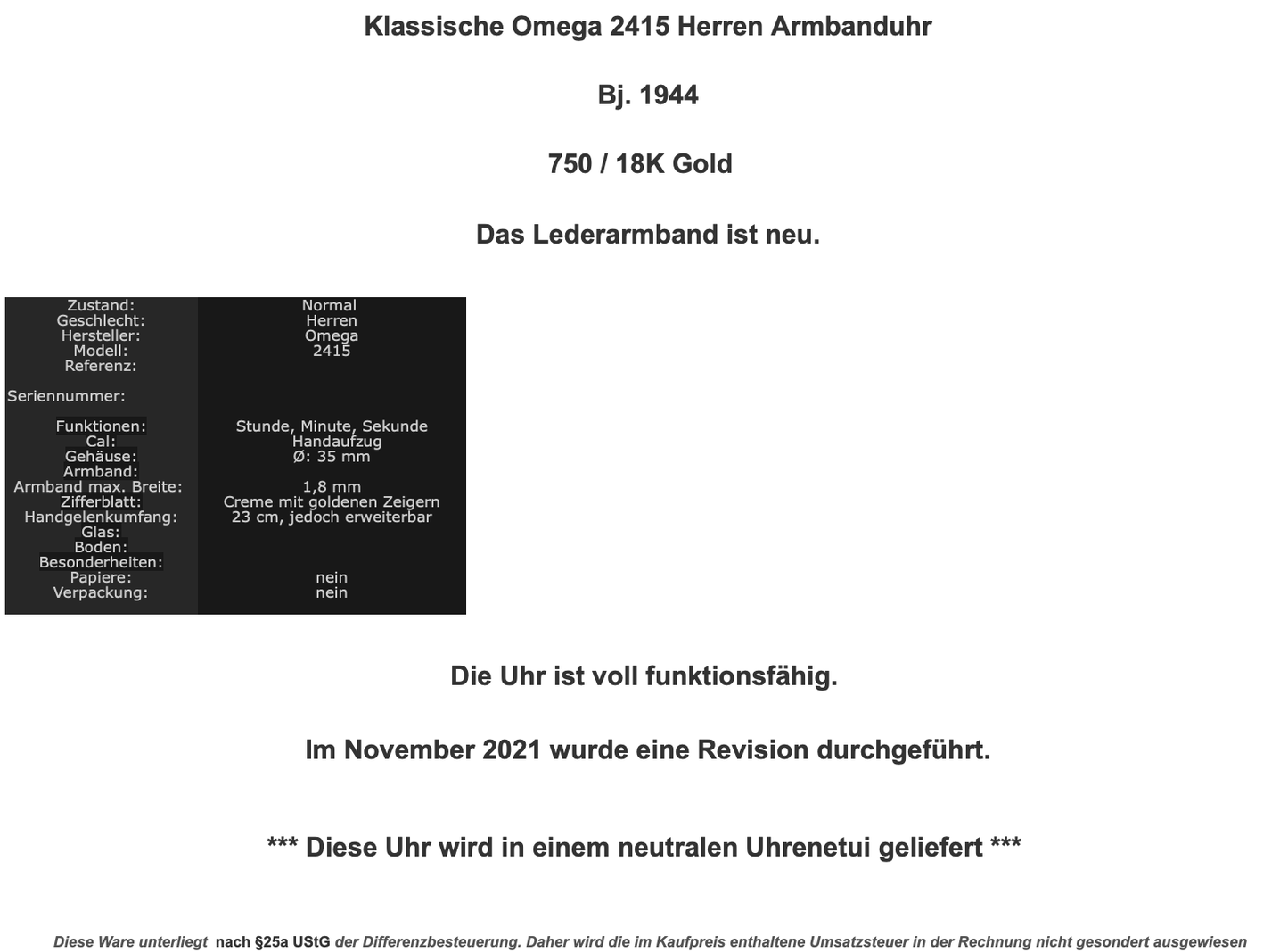 750 Gold 18K Bj. 1944 Klassische Omega 2415 Armbanduhr Leder Watch Herren - Antikhandel-Stuttgart