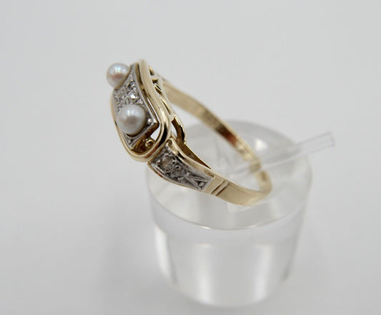 30er Jahre Art Deco Ring Gold 585 / 14K Gr. 60 mit Diamantenrosen & Perlen - Antikhandel-Stuttgart