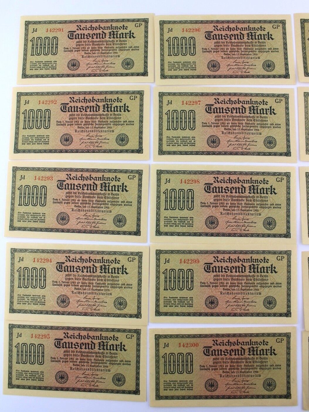 15x Ro. 75d Banknote 1000 Mark 1922 TOP Kassenfrisch fortlaufende Nr old Bill - Antikhandel-Stuttgart