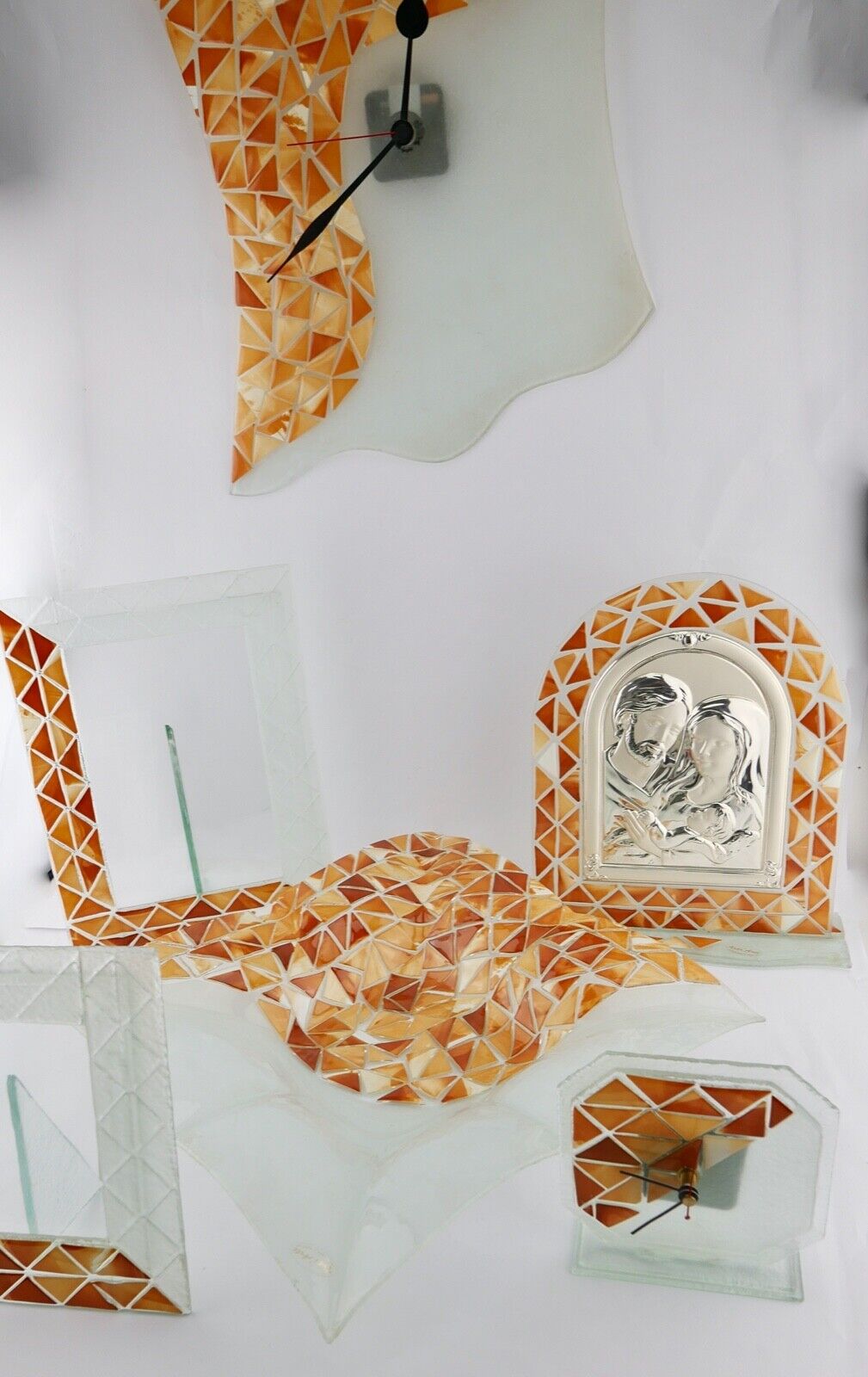 6 Teilges Wohnzimmer Set Glas Mosaik Bilderrahmen Uhr Jesus Schale aus Italien - Antikhandel-Stuttgart