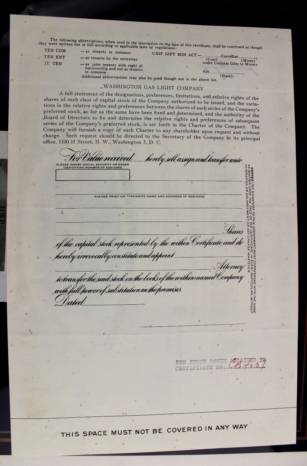 Washington Gas Light Company 1968 alte USA Aktie Stock Certificate 100 Shares - Antikhandel-Stuttgart