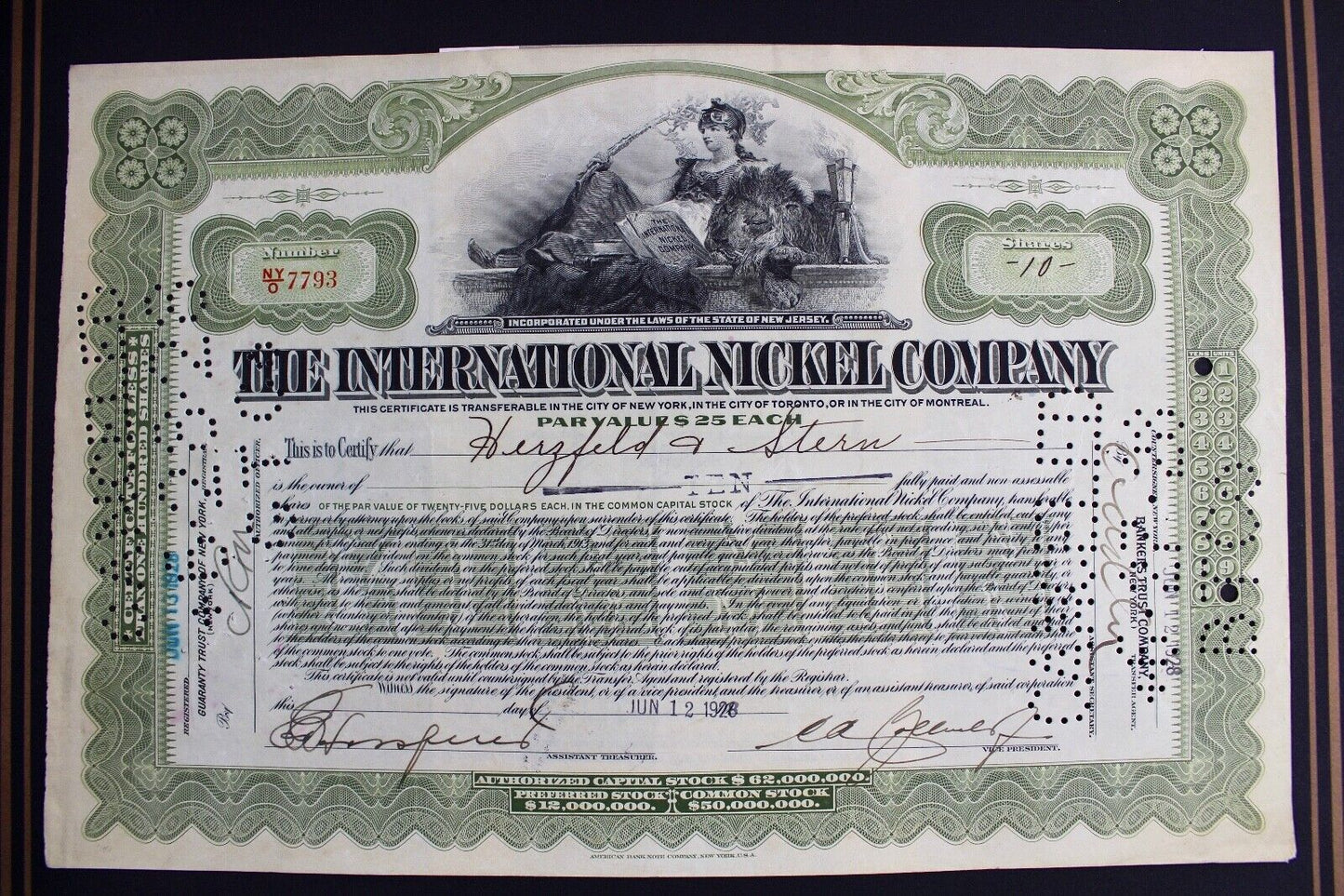 The International Nickel Company 1928 alte USA Aktie Stock Certificate 10 Shares - Antikhandel-Stuttgart