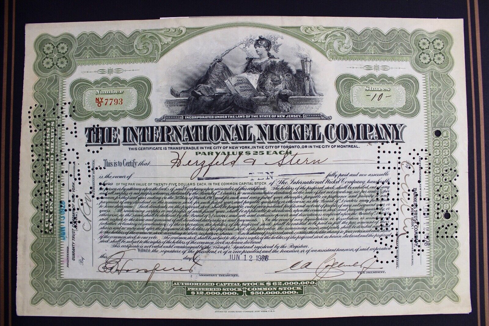 The International Nickel Company 1928 alte USA Aktie Stock Certificate 10 Shares - Antikhandel-Stuttgart